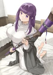 Rule 34 | 1girl, absurdres, barefoot, bed, bedroom, black robe, blunt bangs, breasts, closed mouth, dress, feet, fern (sousou no frieren), highres, holding, holding staff, kneeling, large breasts, long hair, looking at viewer, mbr90munouk, on bed, purple eyes, purple hair, robe, sidelocks, signature, solo, sousou no frieren, staff, toes, very long hair, white dress