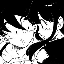 Rule 34 | 1boy, 1girl, black eyes, black hair, chi-chi (dragon ball), commentary request, couple, dragon ball, expressionless, eye contact, eyelashes, fingernails, greyscale, hetero, highres, looking at another, monochrome, open mouth, son goku, tkgsize