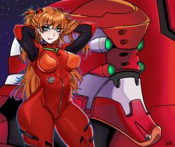 Rule 34 | 1girl, alternate hairstyle, arms behind head, artist request, blue eyes, bodysuit, breasts, closed mouth, curvy, eva 02, hair ornament, hand in own hair, highres, interface headset, large breasts, long hair, looking at viewer, mecha, naughty face, neon genesis evangelion, orange hair, plugsuit, red bodysuit, robot, seductive smile, shiny clothes, skin tight, smile, souryuu asuka langley, tongue, tongue out, two side up, very long hair