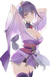Rule 34 | 1girl, absurdres, arms up, breasts, cleavage, closed mouth, commentary request, cowboy shot, detached collar, flower, from side, genshin impact, highres, japanese clothes, kimono, large breasts, looking at viewer, low-braided long hair, low-tied long hair, low neckline, maya (gpmp3825), mole, mole under eye, obi, obiage, obijime, purple eyes, purple flower, purple hair, purple kimono, purple thighhighs, raiden shogun, sash, see-through, see-through silhouette, see-through sleeves, simple background, solo, thighhighs, white background, wide sleeves