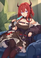 Rule 34 | 1girl, :p, absurdres, after3310, arknights, armchair, bare shoulders, belt, black belt, black dress, black jacket, black thighhighs, breasts, chair, cleavage, commentary, dress, food, hair between eyes, hair intakes, hand up, highres, holding, holding food, horns, jacket, long hair, looking at viewer, medium breasts, off shoulder, popsicle, purple eyes, red hair, sitting, solo, surtr (arknights), thighhighs, tongue, tongue out