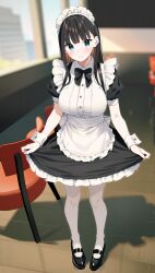 Rule 34 | 1girl, alternate costume, aqua eyes, black bow, black bowtie, black footwear, black hair, blunt bangs, blush, bow, bowtie, breasts, eight tohyama, enmaided, full body, highres, indoors, large breasts, long hair, looking at viewer, maid, maid headdress, mary janes, original, puffy sleeves, shoes, smile, solo, wrist cuffs
