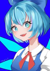 Rule 34 | 1girl, :d, artist name, blue background, blue bow, blue eyes, blue hair, bow, cirno, cirno day, commentary, dress, english commentary, flake-shaped pupils, hair bow, highres, ice, ice wings, looking at viewer, open mouth, pinafore dress, red neckwear, remirii, shirt, short eyebrows, short hair, simple background, sleeveless dress, smile, solo, touhou, upper body, white shirt, wings