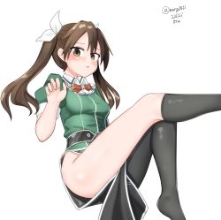 Rule 34 | 1girl, absurdres, asymmetrical legwear, bow, bowtie, brown hair, dated, elbow gloves, gloves, green shirt, hair between eyes, hair ribbon, highres, invisible chair, kantai collection, long hair, maru (marg0613), military, military uniform, one-hour drawing challenge, pelvic curtain, red bow, red bowtie, ribbon, shirt, simple background, single elbow glove, single thighhigh, sitting, solo, thighhighs, tone (kancolle), tone kai ni (kancolle), twintails, twitter username, uneven legwear, uniform, white background, white ribbon