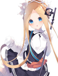 Rule 34 | 1girl, abigail williams (fate), abigail williams (festival outfit) (fate), absurdres, black skirt, blonde hair, blue eyes, blush, braid, breasts, dress, fate/grand order, fate (series), forehead, french braid, heroic spirit chaldea park outfit, highres, key, keyhole, long hair, long sleeves, looking at viewer, maid headdress, official alternate costume, open mouth, parted bangs, sash, sidelocks, simple background, skirt, sleeves past fingers, sleeves past wrists, small breasts, solo, staff, stuffed animal, stuffed toy, suisen-21, teddy bear, very long hair, white background, white dress