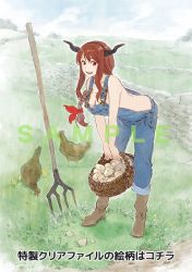 Rule 34 | 10s, 1girl, animal, bird, breasts, chicken, cleavage, commentary request, demon girl, fake horns, farm, female focus, hairband, horns, huge breasts, large breasts, leaning forward, long hair, looking at viewer, maou (maoyuu), maoyuu maou yuusha, naked overalls, no bra, open mouth, outdoors, overalls, ozaki tomomi, red eyes, red hair, sample watermark, second-party source, smile, solo, watermark