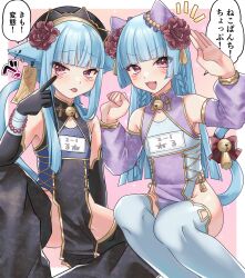 Rule 34 | 2boys, akanbe, animal ears, bare shoulders, bead bracelet, beads, bell, black gloves, blue hair, blunt bangs, blunt ends, border, bow, bracelet, braid, brothers, cat ears, cat tail, chinese clothes, commentary request, detached sleeves, elbow gloves, eyelid pull, facial mark, flower, gloves, hair flower, hair ornament, highres, invisible chair, jewelry, jingle bell, leotard, leotard under clothes, long hair, looking ahead, looking at viewer, male focus, manekinekoko777, multiple boys, name tag, neck bell, notice lines, ofuda, open mouth, original, outside border, pelvic curtain, pink background, red eyes, siblings, simple background, sitting, smile, speech bubble, tail, tail bow, tail ornament, thighhighs, tongue, tongue out, translation request, trap, twins, v-shaped eyebrows, white border, white thighhighs