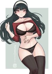 Rule 34 | 1girl, absurdres, alternate legwear, bare shoulders, black bra, black hair, black panties, black thighhighs, bra, breasts, chascoby, cleavage, commentary request, earrings, feet out of frame, hairband, highres, jewelry, large breasts, long hair, long sleeves, looking at viewer, navel, off-shoulder shirt, off shoulder, panties, parted lips, red eyes, red shirt, shirt, solo, spy x family, standing, stomach, thighhighs, thighs, underwear, very long hair, white hairband, yor briar