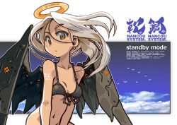 Rule 34 | 1girl, bikini, bikini top only, bottomless, breasts, earrings, english text, front-tie bikini top, front-tie top, halo, jewelry, long hair, looking at viewer, mechanical wings, nancou (nankou), navel, orange eyes, original, out-of-frame censoring, small breasts, solo, swimsuit, tattoo, white hair, wings