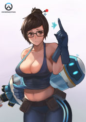 Rule 34 | 1girl, bare shoulders, belt pouch, black-framed eyewear, blue gloves, breasts, brown eyes, brown hair, cleavage, clothes lift, collarbone, comic, copyright name, cowboy shot, gas cylinder, glasses, gloves, gradient background, hair bun, hair ornament, hair stick, highres, index finger raised, large breasts, logo, looking at viewer, mei (overwatch), midriff, mr.tendou, navel, no bra, overwatch, overwatch 1, pants, parted lips, pouch, shirt lift, simple background, single hair bun, solo, strap gap, swept bangs, tank top
