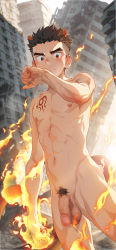 Rule 34 | 1boy, abs, absurdres, alca (wakatanka4), animal ears, battle, beitemian, black hair, blue sky, building, censored, chest tattoo, city, cityscape, closed mouth, completely nude, destruction, dutch angle, fire, flaccid, gyee, highres, jewelry, lion boy, lion ears, lion tail, looking at hand, male focus, male pubic hair, mosaic censoring, muscular, muscular child, navel, necklace, nipples, nude, outdoors, penis, pubic hair, red eyes, rubble, short hair, shorts, sky, skyscraper, solo, tail, tattoo, testicles, undercut, aged down