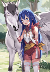 Rule 34 | 1girl, :d, animal, bandana, bare shoulders, blue hair, blush, breasts, caeda (fire emblem), commentary request, elbow gloves, fingerless gloves, fire emblem, fire emblem: shadow dragon, gloves, hair between eyes, highres, lamb (hitsujiniku), long hair, nintendo, open mouth, outdoors, red skirt, skirt, small breasts, smile, solo, standing, thighhighs, tree, very long hair, white gloves, white thighhighs, winged unicorn