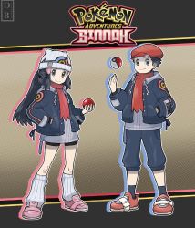 Rule 34 | 1boy, 1girl, alternate costume, beanie, bike shorts, black hair, capri pants, closed mouth, commentary, copyright name, creatures (company), dawn (pokemon), dreambig, english commentary, eyelashes, full body, game freak, grey eyes, hair ornament, hairclip, hand in pocket, hat, highres, holding, holding poke ball, jacket, knees, long hair, loose socks, lucas (pokemon), nintendo, open clothes, open jacket, outline, pants, pink footwear, poke ball, poke ball (basic), pokemon, pokemon dppt, red footwear, red headwear, red scarf, ribbed legwear, scarf, shoes, sidelocks, smile, socks, standing, white headwear