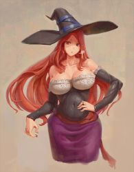 Rule 34 | 1girl, bare shoulders, black corset, black hat, black nails, black sleeves, breasts, breath, brown eyes, cleavage, collarbone, corset, curvy, detached sleeves, dragon&#039;s crown, dress, fantasy, hand on own hip, hat, jewelry, kazo (kazozakazo), lace, lace trim, large breasts, long hair, looking at viewer, nail polish, open mouth, orange sash, parted bangs, purple skirt, red hair, ring, skirt, solo, sorceress (dragon&#039;s crown), stomach bulge, strapless, strapless dress, wide hips, witch hat