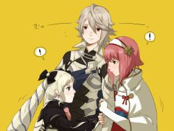 Rule 34 | !, 1boy, 2girls, armor, bad id, bad pixiv id, blonde hair, brother and sister, cape, corrin (fire emblem), corrin (male) (fire emblem), earrings, elise (fire emblem), fire emblem, fire emblem fates, hair between eyes, hair ornament, hair ribbon, hairband, holding another&#039;s arm, holding own arm, jewelry, long hair, multiple girls, nintendo, purple eyes, red eyes, ribbon, sakura (fire emblem), short hair, siblings, simple background, smile, twintails, umemaru (oume maru)