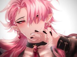 Rule 34 | 1boy, aster (nu carnival), blush, choker, earrings, fingernails, hair over one eye, jewel, jewelry, looking at viewer, male focus, nail polish, nu carnival, parted lips, pink hair, pointy ears, red eyes, sharp fingernails, slit pupils, teeth, upper body, vampire, white background, yadome810