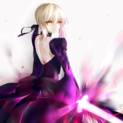 Rule 34 | 1girl, absurdres, artoria pendragon (fate), choker, excalibur morgan (fate), fate/grand order, fate/stay night, fate (series), highres, looking at viewer, looking back, minarai tenna, saber (fate), saber alter, short hair, shoulder blades, solo, yellow eyes