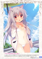 Rule 34 | 1girl, :o, animal ears, bikini, blurry, blush, breasts, bridge, cleavage, dan ball, depth of field, dog ears, dog tail, hands on own chest, hood, hoodie, koinu-chan, long hair, navel, original, red eyes, sleeves past wrists, small breasts, swimsuit, tail, translation request, wet, white hair