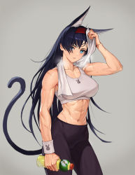 Rule 34 | 1girl, abs, animal ears, arknights, arm up, bare shoulders, black hair, black pants, blaze (arknights), blue eyes, blush, bottle, breasts, cat ears, cat girl, cat tail, collarbone, commentary, cowboy shot, english commentary, eyes visible through hair, grey background, hair over one eye, hairband, heavy breathing, high-waist pants, highres, holding, holding bottle, jason kim, large breasts, long hair, looking at viewer, muscular, muscular female, pants, parted lips, red hairband, scar, simple background, solo, sports bra, sweat, sweatband, tail, towel, towel around neck, very long hair, wiping sweat, yoga pants