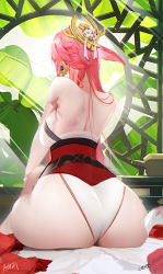 Rule 34 | 1girl, animal ears, ass, back, breasts, commentary request, fox ears, genshin impact, hair ornament, highres, large breasts, long hair, omone hokoma agm, pink hair, sidelocks, sitting, solo, thighs, very long hair, yae miko