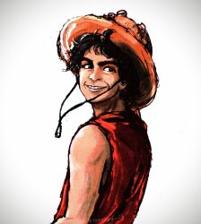Rule 34 | 1boy, bare shoulders, black hair, cosplay, curly hair, hand on headwear, hat, highres, male focus, monkey d. luffy, one piece, one piece (live action), oooooogu24, open mouth, portrait, short hair, smile, solo, straw hat, teeth