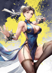Rule 34 | 1girl, black choker, black garter straps, blue dress, bracelet, breasts, brown eyes, brown thighhighs, bun cover, capcom, center opening, china dress, chinese clothes, choker, chun-li, cleavage, double bun, dress, fooltown, garter straps, gold trim, hair bun, highres, jewelry, large breasts, leg up, o-ring, o-ring choker, panties, parted lips, pelvic curtain, sideboob, solo, spiked bracelet, spikes, street fighter, thighhighs, thighs, torn clothes, torn thighhighs, underwear