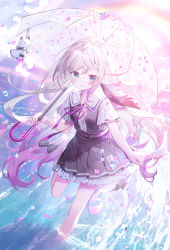 Rule 34 | 1girl, aqua eyes, black skirt, blush, commentary request, day, dress shirt, frilled skirt, frills, gradient hair, grin, highres, holding, holding umbrella, ibara riato, long hair, looking at viewer, multicolored hair, neck ribbon, original, partially unbuttoned, petals, pink hair, pleated skirt, purple ribbon, rainbow, ribbon, sailor collar, shirt, short sleeves, skirt, smile, solo, standing, standing on one leg, two-tone hair, umbrella, very long hair, wading, water, white hair, white sailor collar, white shirt