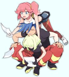Rule 34 | 1girl, 2boys, aina ardebit, blue eyes, blue hair, breast press, closed eyes, galo thymos, gloves, green hair, half gloves, lio fotia, multiple boys, open mouth, paper, pink hair, promare, short hair, shorts, side ponytail, soto, spiked hair, suspenders, thighhighs