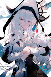 Rule 34 | 1girl, arknights, bare shoulders, black dress, black headwear, braid, chinese commentary, closed mouth, commentary request, cowboy shot, detached sleeves, dress, hair between eyes, highres, holding, holding own hair, long hair, long sleeves, looking at viewer, nonhaaa, red eyes, single braid, smile, solo, specter (arknights), specter the unchained (arknights), very long hair, white background