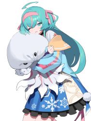 absurdres doll green_eyes green_hair green_nails highres holding holding_doll hugging_doll hugging_object jellyfish kokonotsunbai original pink_ribbon ribbon standing