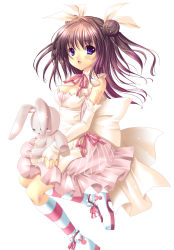 Rule 34 | 1girl, :o, alto seneka, blue eyes, blush, breasts, brown hair, cleavage, colorized, doll, double bun, elbow gloves, gloves, hair bun, highres, hugging doll, hugging object, long hair, looking at viewer, medium breasts, open mouth, original, socks, solo, striped clothes, striped socks, stuffed animal, stuffed rabbit, stuffed toy