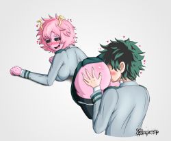 Rule 34 | 1boy, 1girl, anilingus, artist name, ashido mina, ass, ass grab, black sclera, black thighhighs, boku no hero academia, colored sclera, colored skin, constricted pupils, cunnilingus, drooling, from behind, heart, hetero, highres, looking back, midoriya izuku, oral, panties, panty pull, pink hair, pink skin, school uniform, short hair, simple background, skirt, smile, the existentialist, thighhighs, thighs, underwear, white background