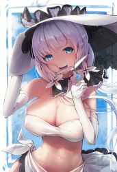 Rule 34 | 1girl, :d, amamami prime, azur lane, bikini, blue eyes, blush, breasts, cleavage, commentary request, covered erect nipples, dress, elbow gloves, floating hair, gloves, hair ribbon, hat, highres, holding, illustrious (azur lane), large breasts, long hair, low ponytail, mole, mole under eye, navel, open mouth, paper airplane, ribbon, sidelocks, smile, solo, strapless, strapless dress, sun hat, swimsuit, tress ribbon, tri tails, very long hair, water, white bikini, white gloves, white hair, white hat