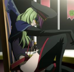 Rule 34 | 10s, 1girl, anime screenshot, belt, black gloves, black thighhighs, boots, chair, domino mask, elbow gloves, garter straps, gloves, green hair, hat, highres, long hair, mask, peaked cap, sitting, solo, star driver, suspenders, thigh boots, thighhighs, watanabe kanako