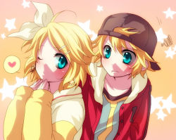 Rule 34 | 1boy, 1girl, baseball cap, blonde hair, blue eyes, blush, brother and sister, casual, earrings, embarrassed, hair ornament, hair ribbon, hairclip, hat, heart, izumi kouyou, jewelry, juvenile (vocaloid), kagamine len, kagamine rin, one eye closed, ribbon, short hair, siblings, sweat, twins, vocaloid, wink