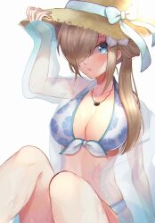 Rule 34 | 1girl, aomattya, bare shoulders, bikini, blue eyes, blue ribbon, breasts, brown hair, cleavage, closed mouth, collarbone, commentary request, floral print, flower, hair flower, hair ornament, hair over one eye, hand on headwear, hand up, hat, hat ribbon, jewelry, large breasts, light blush, long hair, long sleeves, necklace, one eye covered, open clothes, open shirt, print bikini, ribbon, see-through, see-through shirt, simple background, sitting, solo, stomach, straw hat, swimsuit, tales of (series), tales of the abyss, tear grants, wet