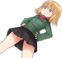 Rule 34 | 10s, 1girl, black skirt, blonde hair, blue eyes, closed mouth, commentary, cowboy shot, dutch angle, emblem, frown, girls und panzer, green jacket, hands on own hips, jacket, katyusha (girls und panzer), kitayama miuki, legs apart, long sleeves, looking at viewer, miniskirt, pleated skirt, pravda school uniform, red shirt, school uniform, shirt, short hair, simple background, skirt, solo, standing, turtleneck, v-shaped eyebrows, white background