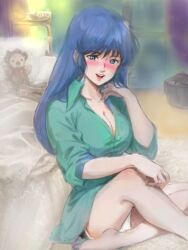 Rule 34 | 1girl, bed, blue eyes, blue hair, blush, bottomless, choujikuu yousai macross, commentary request, doll, holding, holding own hair, long hair, looking at viewer, lying, lynn minmay, macross, macross: do you remember love?, panties, roki-soku, sitting, smile, underwear