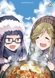 Rule 34 | 2girls, :d, ^ ^, artist name, blonde hair, blue hair, closed eyes, coat, cooking, day, egg (food), closed eyes, fang, food, fried egg, glasses, highres, inuyama aoi, knit hat, kooroiwwa, long hair, looking down, multiple girls, oogaki chiaki, open mouth, outdoors, pot, rice, sausage, scarf, short hair, shrimp, skin fang, smile, sparkle, spoon, steam, thick eyebrows, winter clothes, winter coat, yurucamp