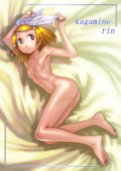 Rule 34 | 1girl, armpits, ass, barefoot, blonde hair, blue eyes, bow, breasts, character name, collarbone, feet, flat ass, full body, hair bow, hair ornament, hairclip, highres, kagamine rin, legs, lying, navel, nipples, nude, on side, short hair, small breasts, soles, solo, soon (c-u-soon), tattoo, toes, vocaloid