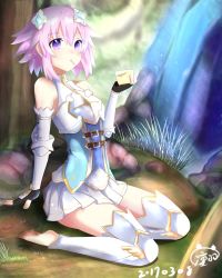 Rule 34 | 1girl, 2017, alternate costume, armor, artist request, barefoot, breasts, d-pad, d-pad hair ornament, feet, fingerless gloves, flat chest, food, gloves, hair ornament, matching hair/eyes, neptune (neptunia), neptune (series), outdoors, purple eyes, purple hair, short hair, simple background, sleeve gloves, small breasts, soles, toes