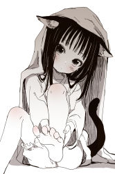 Rule 34 | 1girl, absurdres, animal ear fluff, animal ears, barefoot, bloomers, blush, cat ears, cat girl, cat tail, commentary request, feet, head tilt, highres, knees up, long hair, long sleeves, looking at viewer, monochrome, original, shadow, shirt, sitting, soles, solo, tail, underwear, white background, yamamoto souichirou