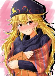 Rule 34 | 1girl, absurdres, adapted costume, beanie, black hat, black sweater, blonde hair, blush, breasts, commentary request, earrings, hair between eyes, hat, highres, holding, jewelry, junko (touhou), long hair, long sleeves, looking at viewer, medium breasts, nose blush, oshiaki, pink background, red eyes, ribbed sweater, shawl, silhouette, smile, solo, sweater, touhou, turtleneck, turtleneck sweater, upper body, wavy mouth