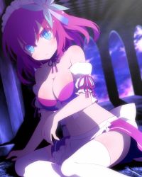 Rule 34 | 10s, 1girl, bare shoulders, bikini, bikini top only, blue eyes, breasts, choker, cleavage, collarbone, detached sleeves, dutch angle, flower, frown, goribote, hair flower, hair ornament, looking at viewer, maid headdress, midriff, navel, no game no life, pink hair, ribbon, shadow, sitting, solo, stephanie dora, swimsuit, tears, thighhighs, white thighhighs