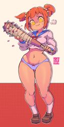 Rule 34 | 1girl, :3, anger vein, angry, artist name, baseball bat, blood, blue panties, blue sailor collar, blush, bow, bow panties, breasts, breath, brown footwear, character cutout, closed mouth, collarbone, crop top, drop shadow, empty eyes, female focus, full body, gluteal fold, hair ornament, hair scrunchie, hands up, happy, highres, holding, holding weapon, light blush, long sleeves, looking down, mole, mole under eye, nail, nail bat, navel, neckerchief, orange hair, outline, panties, poptepipic, popuko, red background, red neckerchief, sailor collar, school uniform, scrunchie, serafuku, shiny skin, shirt, shoes, short hair, sidelocks, signature, simple background, skindentation, small breasts, smile, socks, solo, standing, starmilk, stomach, thick thighs, thighs, two-handed, two-tone background, two side up, underwear, weapon, white background, white outline, white shirt, white socks, wide hips, yellow eyes