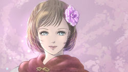 Rule 34 | 1girl, adventurer (ff11), artist name, blue eyes, brown hair, closed mouth, eyelashes, final fantasy, final fantasy xi, flower, hair flower, hair ornament, highres, hume, pink lips, piyoco, portrait, purple background, purple flower, short hair, smile, solo, white mage (final fantasy)