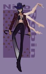 Rule 34 | 1girl, blue eyes, cane, character name, commentary, cowboy hat, crop top, cross-laced clothes, cross-laced top, extra arms, full body, hat, holding, holding cane, jacket, looking at viewer, medium hair, mrjieshisu, navel, nico robin, one piece, purple background, purple hat, purple jacket, smile, solo, symbol-only commentary