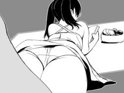 Rule 34 | 1girl, ass, black hair, bowl, cookie, dress, food, from behind, greyscale, ino (magloid), kousaka rino, lying, monochrome, on stomach, otome function, panties, reading, solo, twintails, underwear