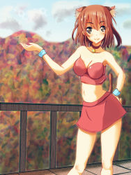 Rule 34 | 1girl, animal ears, bare shoulders, bell, breasts, brown eyes, brown hair, cat ears, cat tail, cleavage, collar, jingle bell, looking at viewer, meturyusinzero, midriff, navel, original, short hair, smile, solo, tail