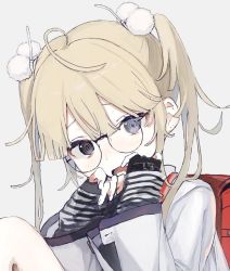 Rule 34 | 1girl, @ @, ahoge, backpack, bag, black eyes, blonde hair, child, commission, fingerless gloves, glasses, gloves, grey background, grey eyes, heterochromia, jacket, long hair, looking at viewer, open mouth, original, pom pom (clothes), randoseru, red bag, shikaiq, simple background, skeb commission, solo, striped clothes, striped gloves, tearing up, tears, twintails, upper body, white jacket